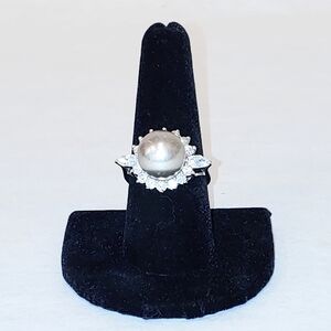Faux Gray Pearl and cubic zirconia ring 8.5